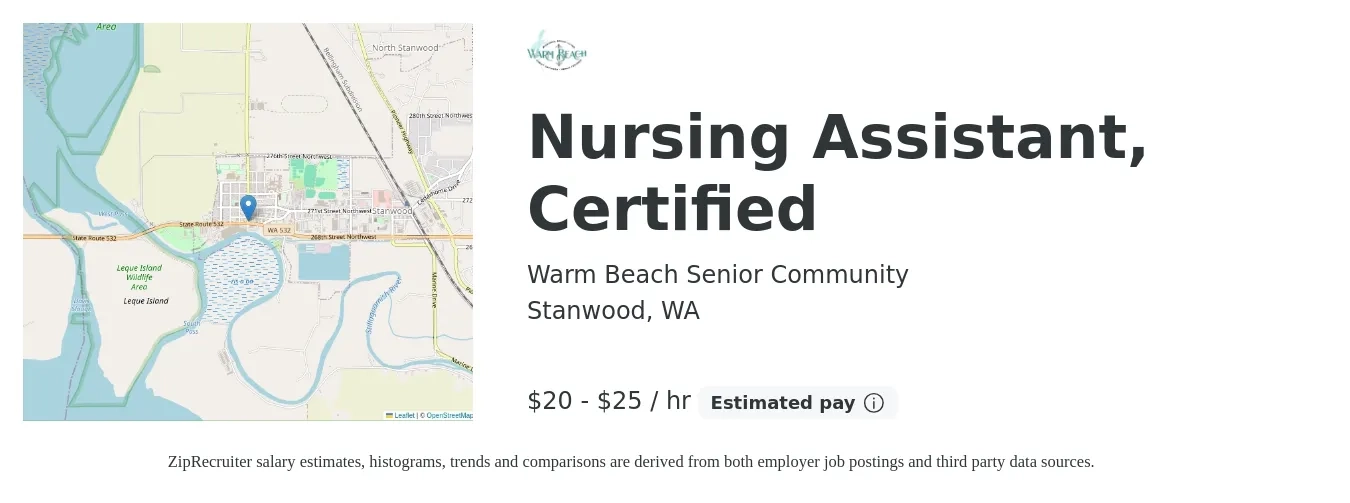 Warm Beach Senior Community job posting for a Nursing Assistant, Certified in Stanwood, WA with a salary of $21 to $26 Hourly with a map of Stanwood location.
