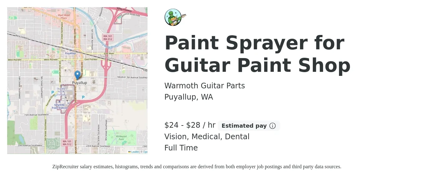 Warmoth Guitar Parts job posting for a Paint Sprayer for Guitar Paint Shop in Puyallup, WA with a salary of $25 to $30 Hourly and benefits including dental, life_insurance, medical, pto, retirement, and vision with a map of Puyallup location.