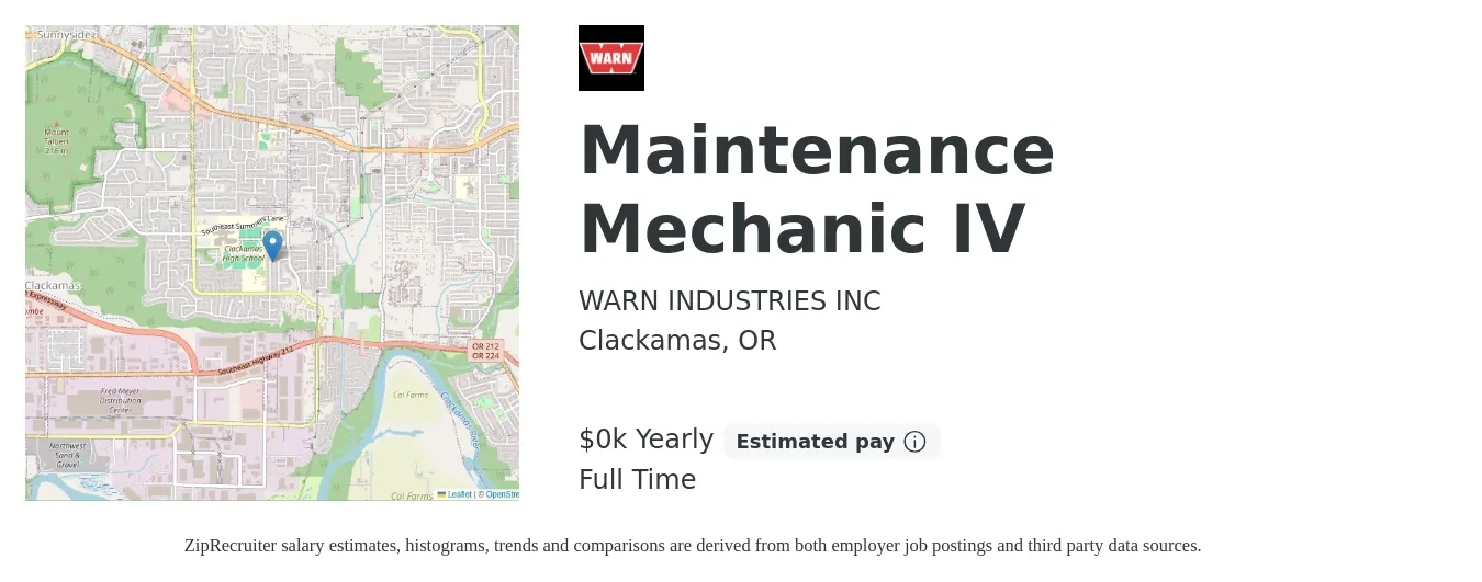 WARN INDUSTRIES INC job posting for a Maintenance Mechanic IV in Clackamas, OR with a salary of $39 to $43 Yearly with a map of Clackamas location.
