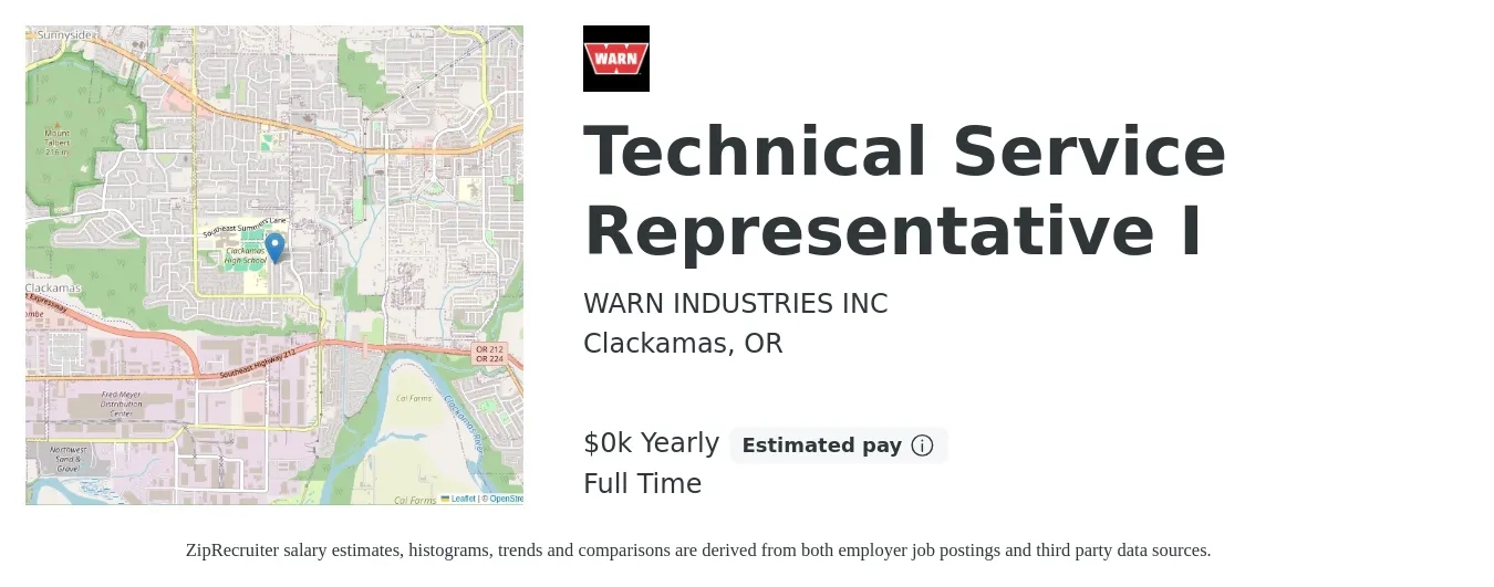 WARN INDUSTRIES INC job posting for a Technical Service Representative I in Clackamas, OR with a salary of $25 to $27 Yearly with a map of Clackamas location.