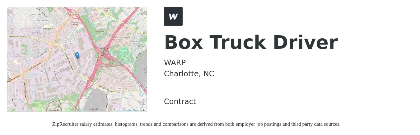 WARP job posting for a Box Truck Driver in Charlotte, NC with a salary of $18 to $22 Hourly with a map of Charlotte location.
