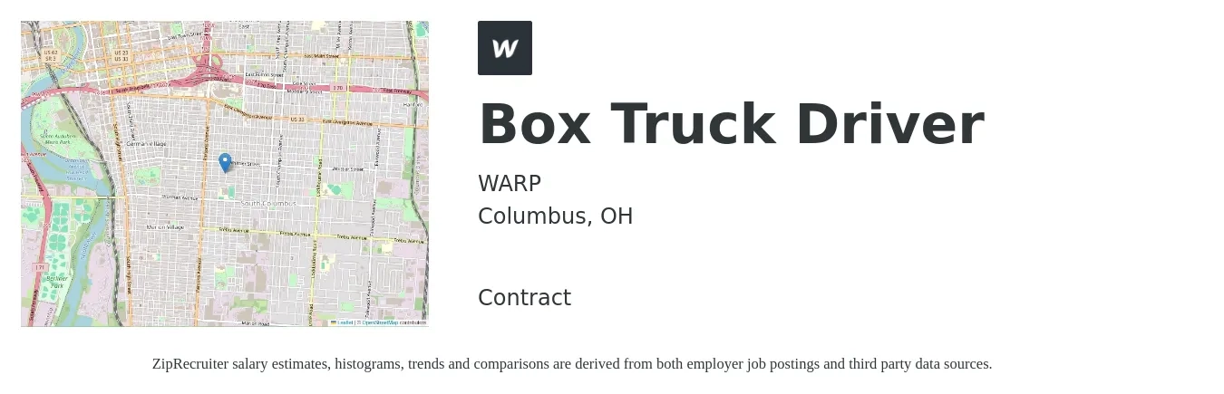 WARP job posting for a Box Truck Driver in Columbus, OH with a salary of $18 to $22 Hourly with a map of Columbus location.