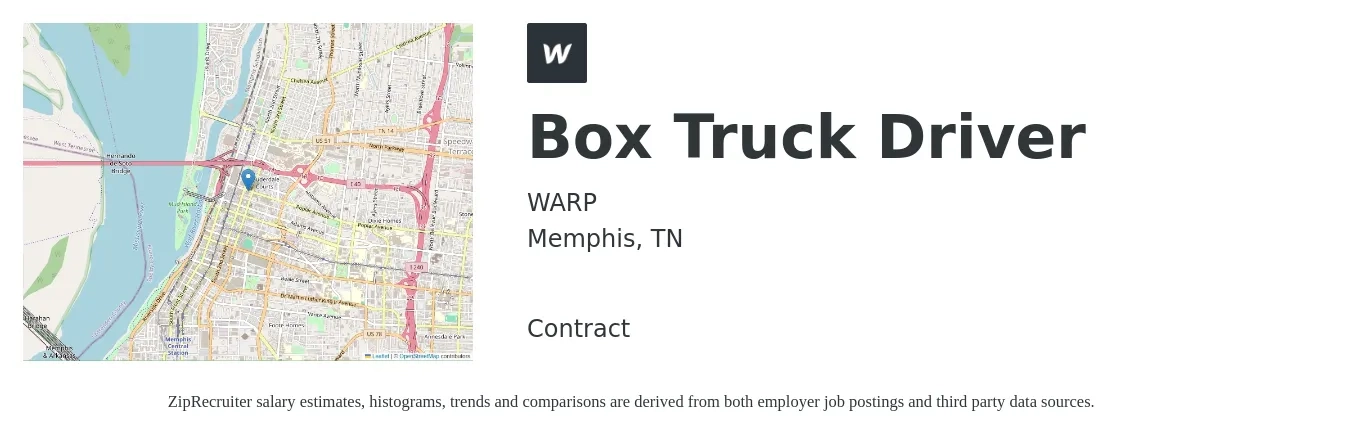 WARP job posting for a Box Truck Driver in Memphis, TN with a salary of $18 to $22 Hourly with a map of Memphis location.