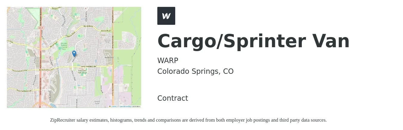 WARP job posting for a Cargo/Sprinter Van in Colorado Springs, CO with a salary of $740 to $1,240 Weekly with a map of Colorado Springs location.