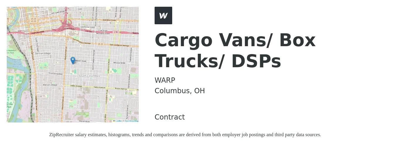 WARP job posting for a Cargo Vans/ Box Trucks/ DSPs in Columbus, OH with a salary of $30 Hourly with a map of Columbus location.