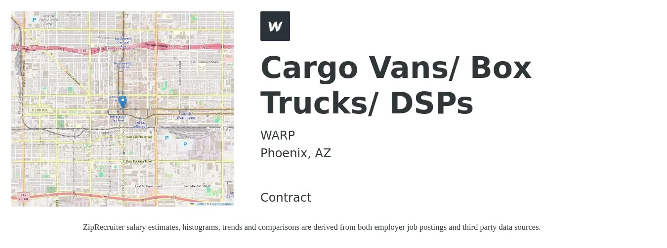 WARP job posting for a Cargo Vans/ Box Trucks/ DSPs in Phoenix, AZ with a salary of $30 Hourly with a map of Phoenix location.