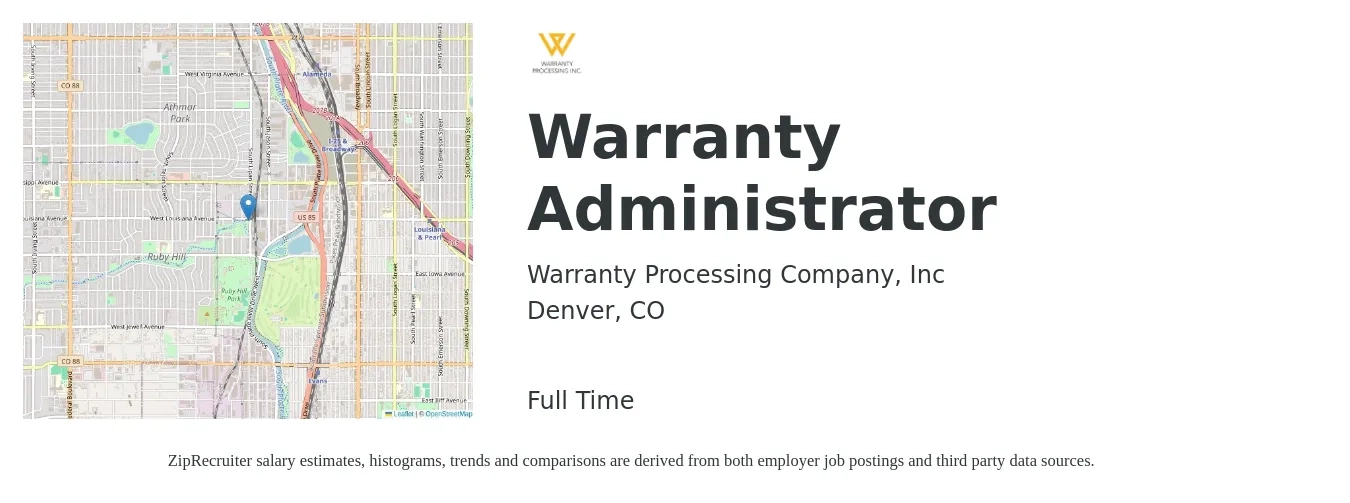 Warranty Processing Company, Inc job posting for a Warranty Administrator in Denver, CO with a salary of $40,000 to $50,000 Yearly with a map of Denver location.