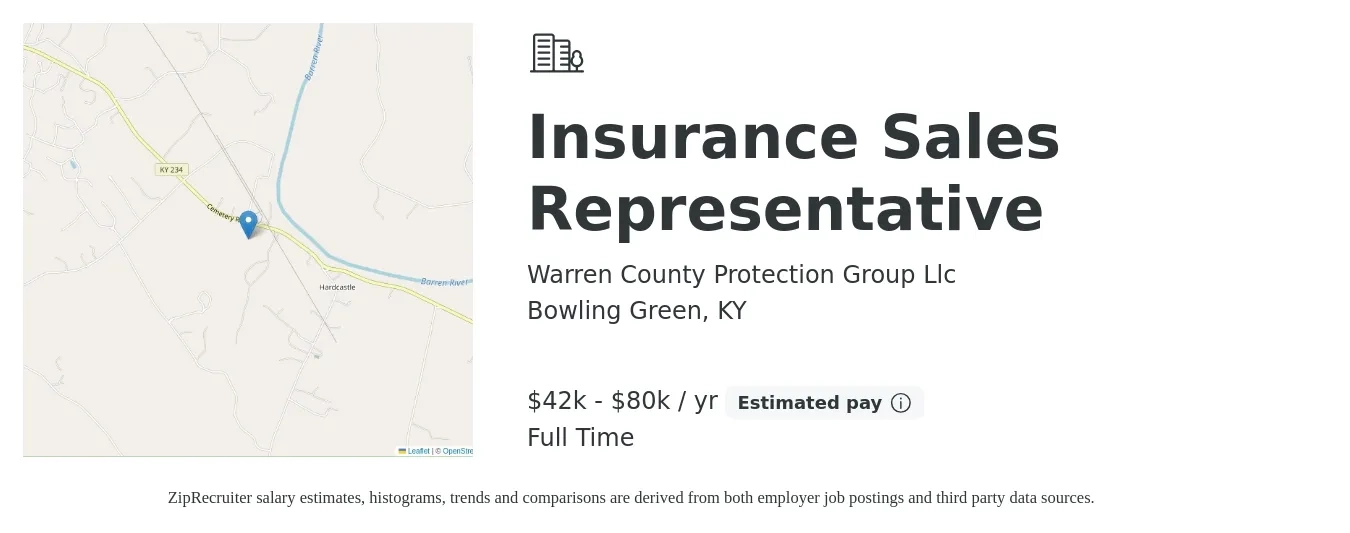 Warren County Protection Group Llc job posting for a Insurance Sales Representative in Bowling Green, KY with a salary of $42,000 to $80,000 Yearly with a map of Bowling Green location.