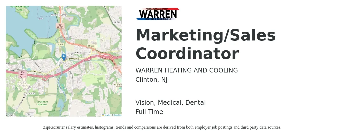 WARREN HEATING AND COOLING job posting for a Marketing/Sales Coordinator in Clinton, NJ with a salary of $43,800 to $57,400 Yearly and benefits including life_insurance, medical, pto, retirement, vision, and dental with a map of Clinton location.