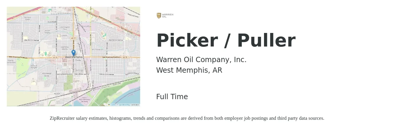 Warren Oil Company, Inc. job posting for a Picker / Puller in West Memphis, AR with a salary of $15 to $18 Hourly with a map of West Memphis location.