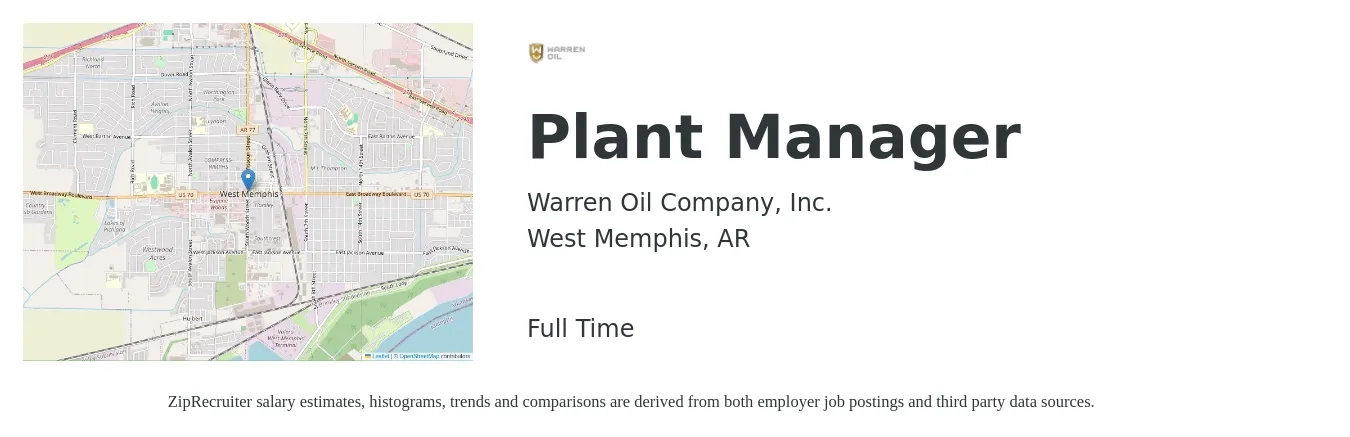Warren Oil Company, Inc. job posting for a Plant Manager in West Memphis, AR with a salary of $83,900 to $129,500 Yearly with a map of West Memphis location.