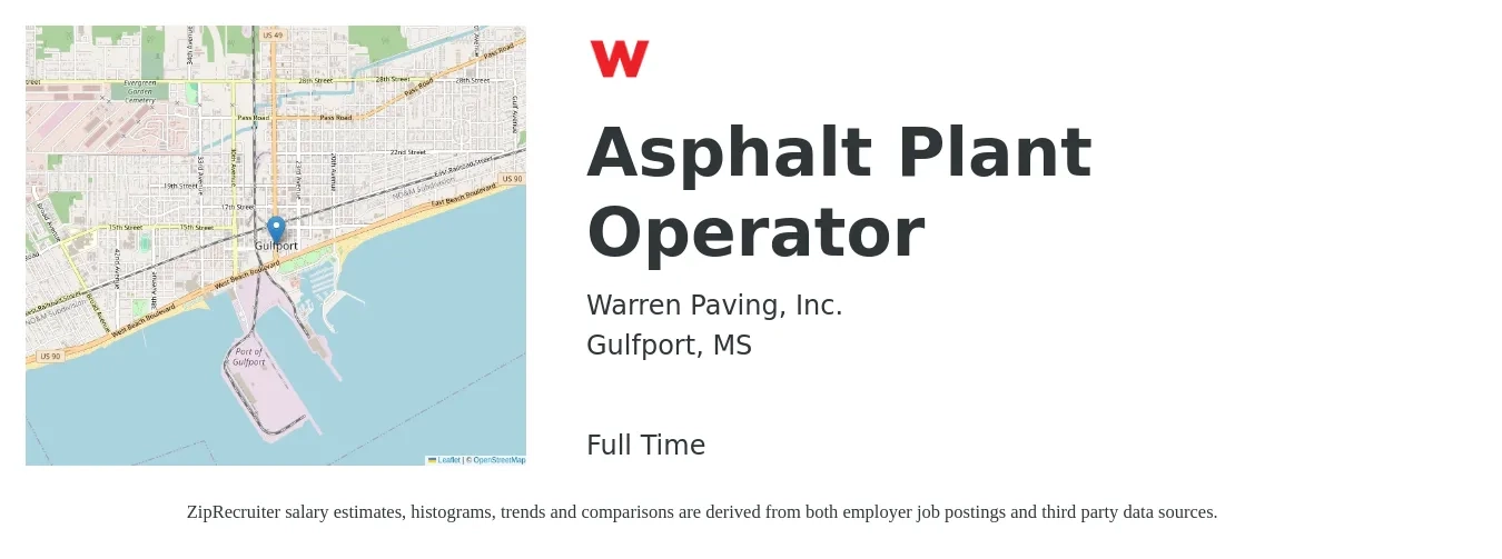 Warren Paving, Inc. job posting for a Asphalt Plant Operator in Gulfport, MS with a salary of $18 to $30 Hourly with a map of Gulfport location.
