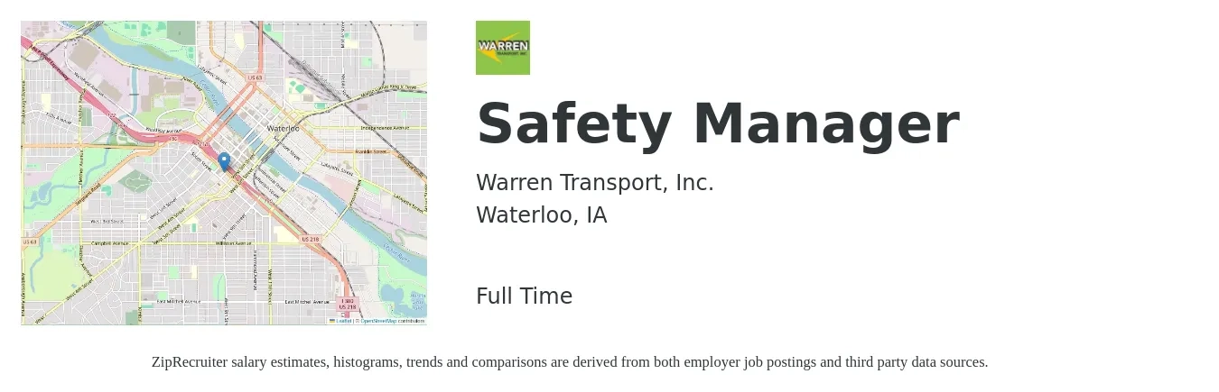 Warren Transport, Inc. job posting for a Safety Manager in Waterloo, IA with a salary of $64,600 to $101,100 Yearly with a map of Waterloo location.