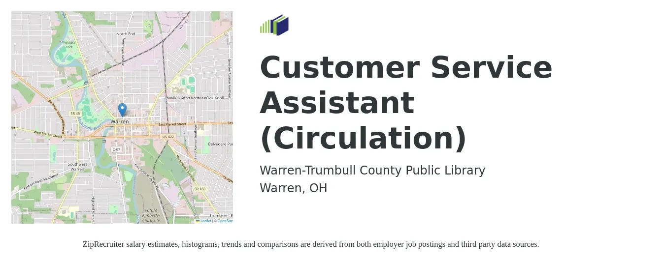 Warren-Trumbull County Public Library job posting for a Customer Service Assistant (Circulation) in Warren, OH with a salary of $13 Hourly with a map of Warren location.