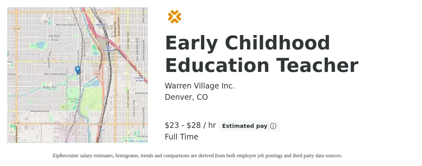 Warren Village Inc. job posting for a Early Childhood Education Teacher in Denver, CO with a salary of $24 to $29 Hourly with a map of Denver location.