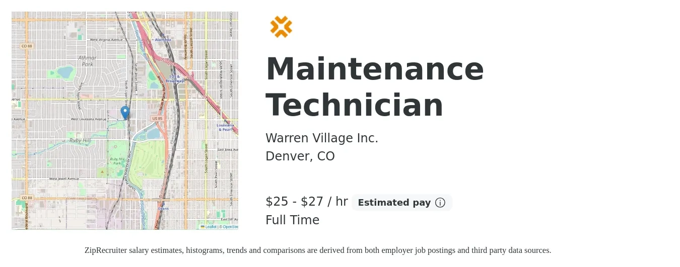 Warren Village Inc. job posting for a Maintenance Technician in Denver, CO with a salary of $26 to $29 Hourly with a map of Denver location.