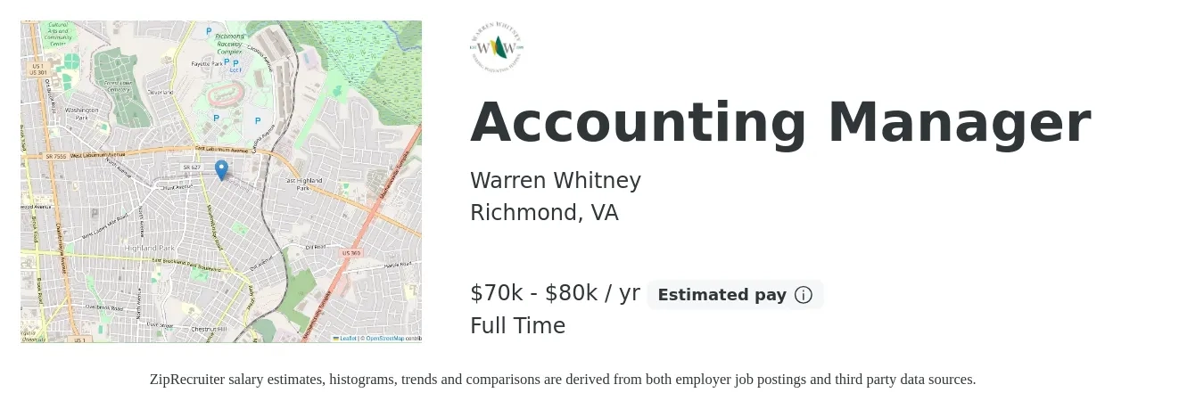 Warren Whitney job posting for a Accounting Manager in Richmond, VA with a salary of $70,000 to $80,000 Yearly with a map of Richmond location.