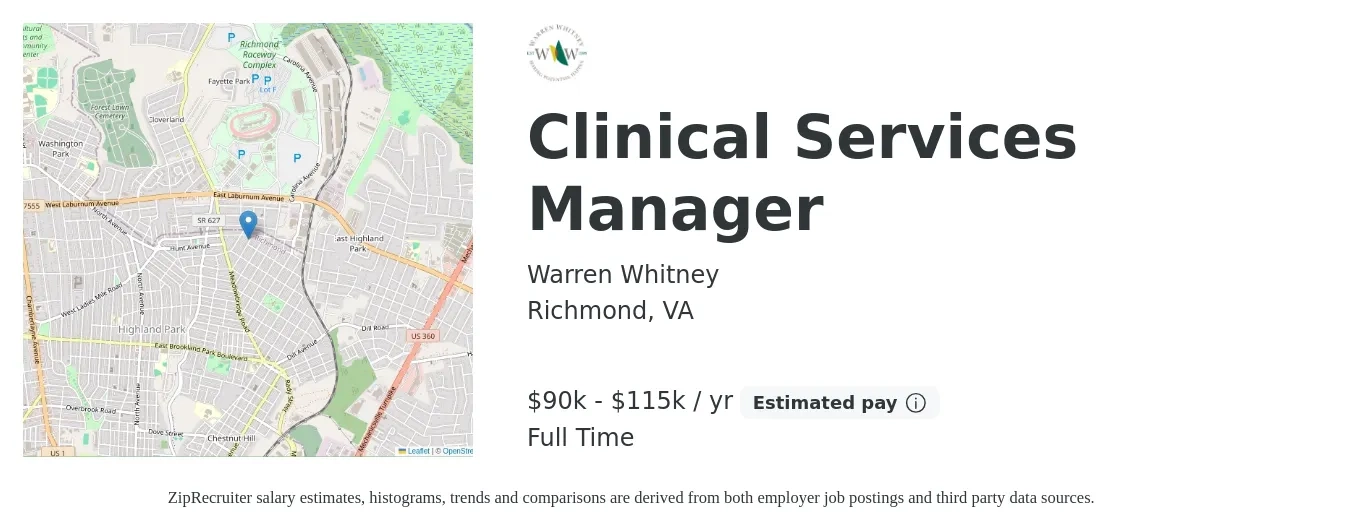 Warren Whitney job posting for a Clinical Services Manager in Richmond, VA with a salary of $90,000 to $115,000 Yearly with a map of Richmond location.