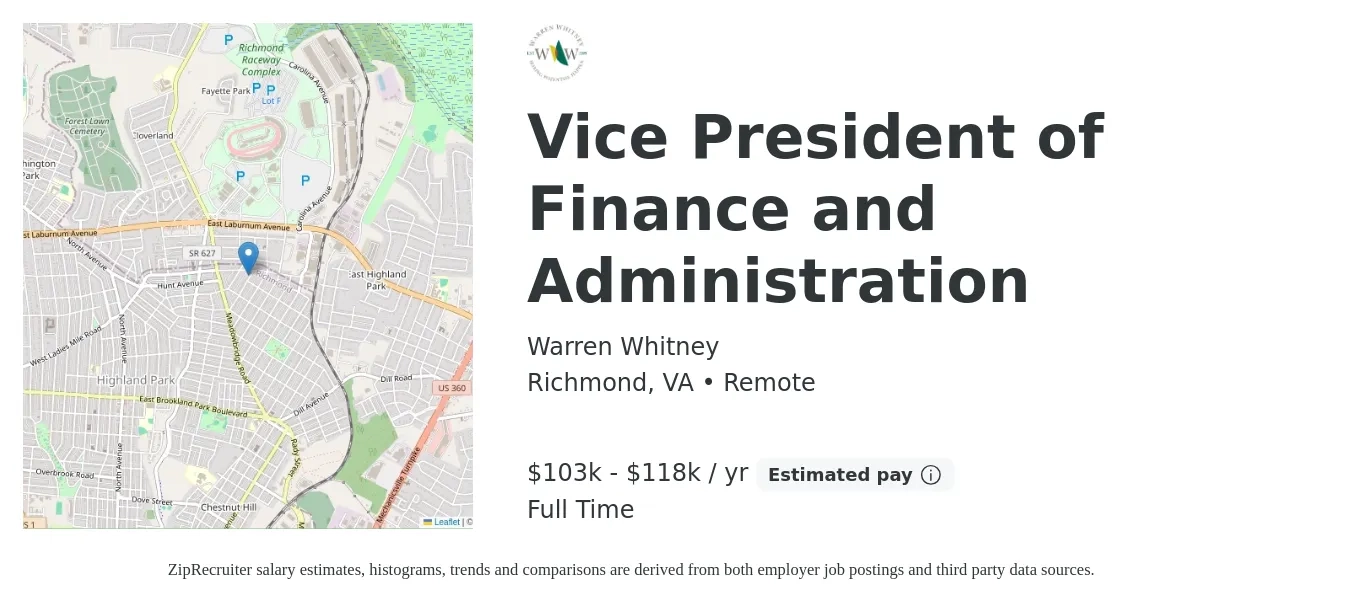 Warren Whitney job posting for a Vice President of Finance and Administration in Richmond, VA with a salary of $103,000 to $118,000 Yearly with a map of Richmond location.
