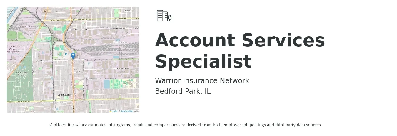 Warrior Insurance Network job posting for a Account Services Specialist in Bedford Park, IL with a salary of $20 to $27 Hourly with a map of Bedford Park location.