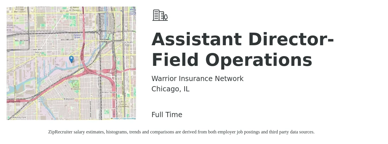 Warrior Insurance Network job posting for a Assistant Director-Field Operations in Chicago, IL with a salary of $54,100 to $114,400 Yearly with a map of Chicago location.