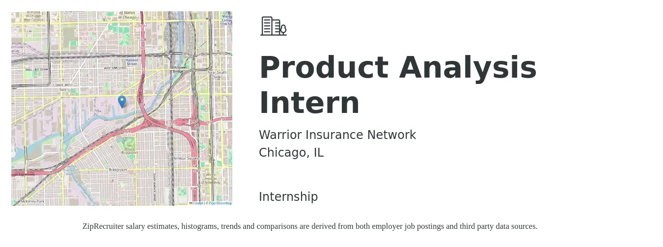 Warrior Insurance Network job posting for a Product Analysis Intern in Chicago, IL with a salary of $18 to $26 Hourly with a map of Chicago location.