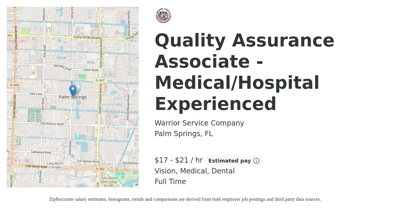 Warrior Service Company job posting for a Quality Assurance Associate - Medical/Hospital Experienced in Palm Springs, FL with a salary of $18 to $22 Hourly and benefits including vision, dental, life_insurance, medical, and retirement with a map of Palm Springs location.