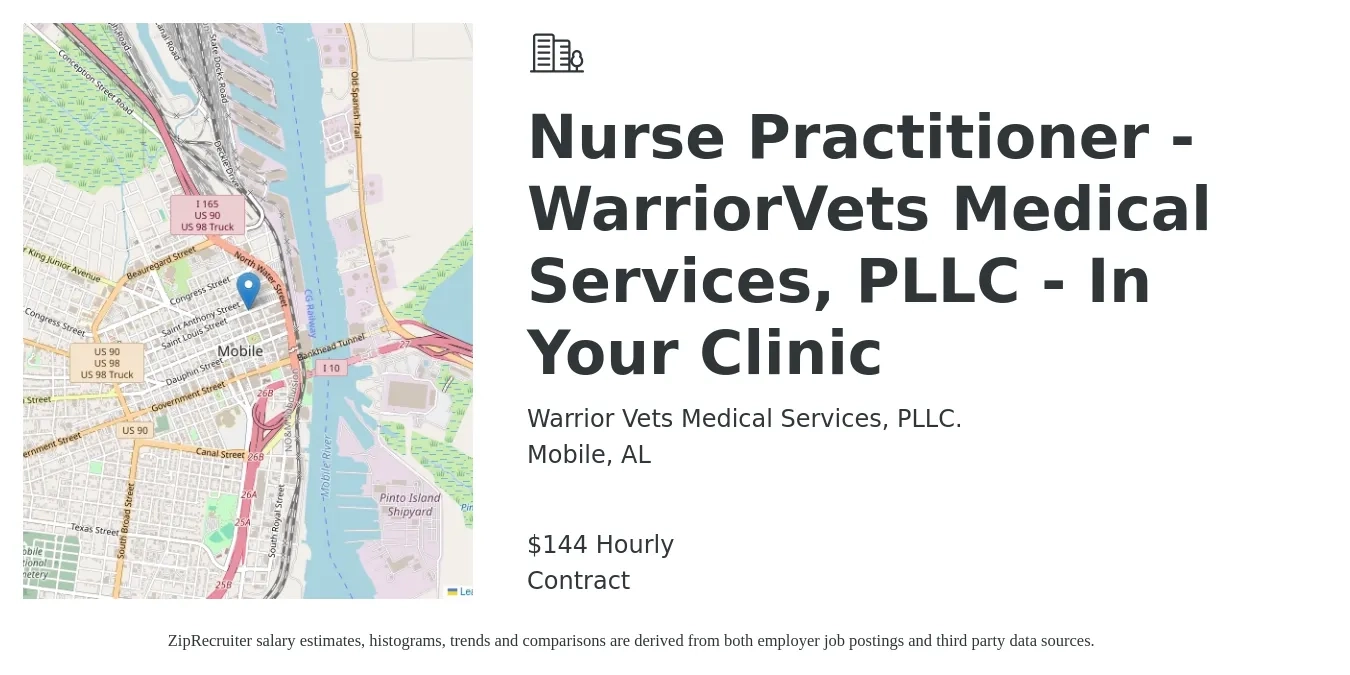 Warrior Vets Medical Services, PLLC. job posting for a Nurse Practitioner - WarriorVets Medical Services, PLLC - In Your Clinic in Mobile, AL with a salary of $150 Hourly with a map of Mobile location.