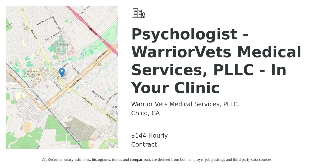 Warrior Vets Medical Services, PLLC. job posting for a Psychologist - WarriorVets Medical Services, PLLC - In Your Clinic in Chico, CA with a salary of $150 Hourly with a map of Chico location.