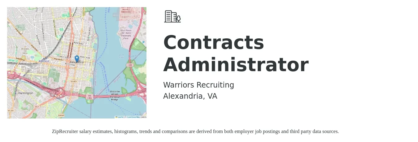 Warriors Recruiting job posting for a Contracts Administrator in Alexandria, VA with a salary of $55,500 to $85,700 Yearly with a map of Alexandria location.