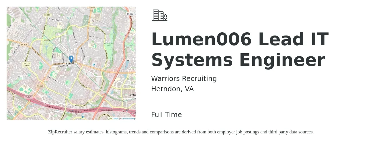 Warriors Recruiting job posting for a Lumen006 Lead IT Systems Engineer in Herndon, VA with a salary of $171,700 to $260,200 Yearly with a map of Herndon location.