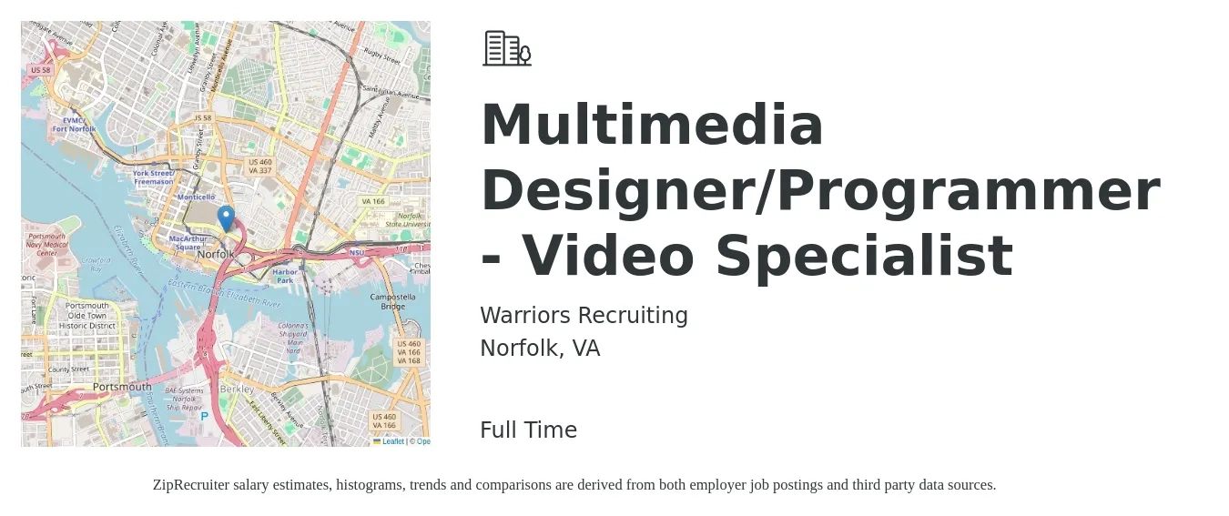 Warriors Recruiting job posting for a Multimedia Designer/Programmer - Video Specialist in Norfolk, VA with a map of Norfolk location.