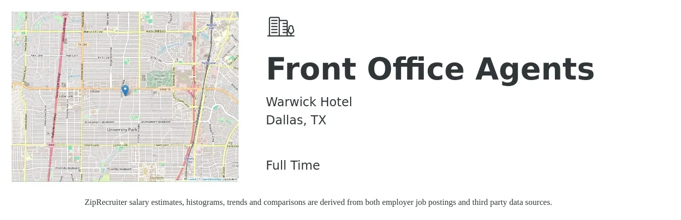 Warwick Hotel job posting for a Front Office Agents in Dallas, TX with a salary of $16 to $20 Hourly with a map of Dallas location.