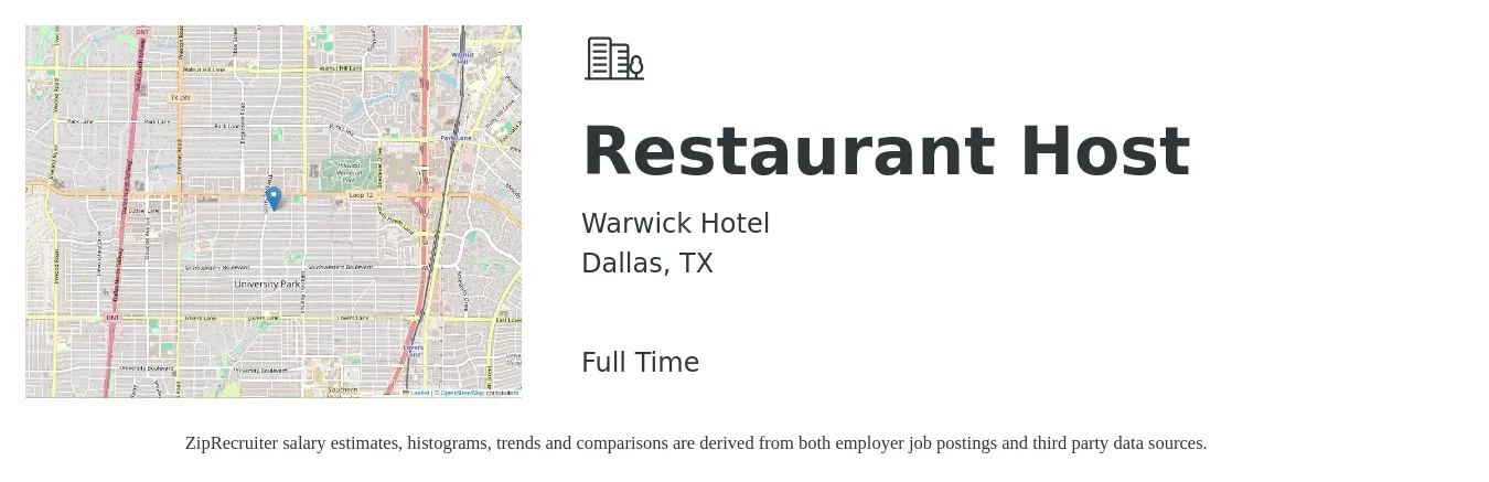 Warwick Hotel job posting for a Restaurant Host in Dallas, TX with a salary of $12 to $16 Hourly with a map of Dallas location.