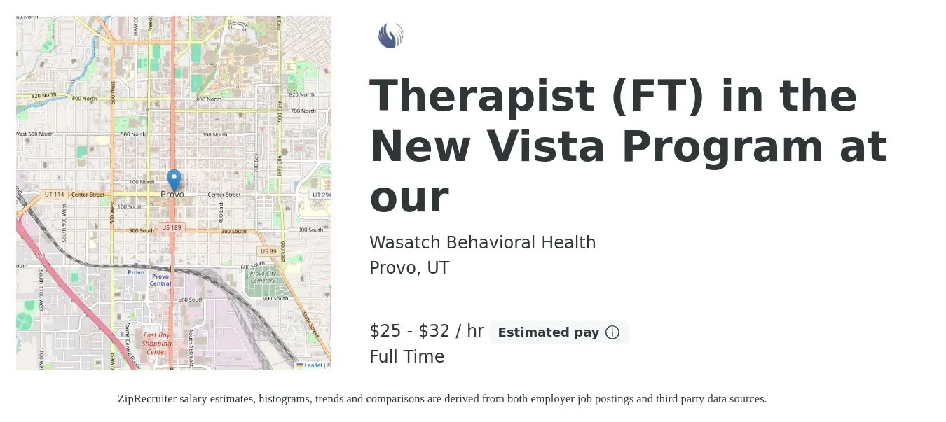 Wasatch Behavioral Health job posting for a Therapist (FT) in the New Vista Program at our in Provo, UT with a salary of $27 to $34 Hourly with a map of Provo location.