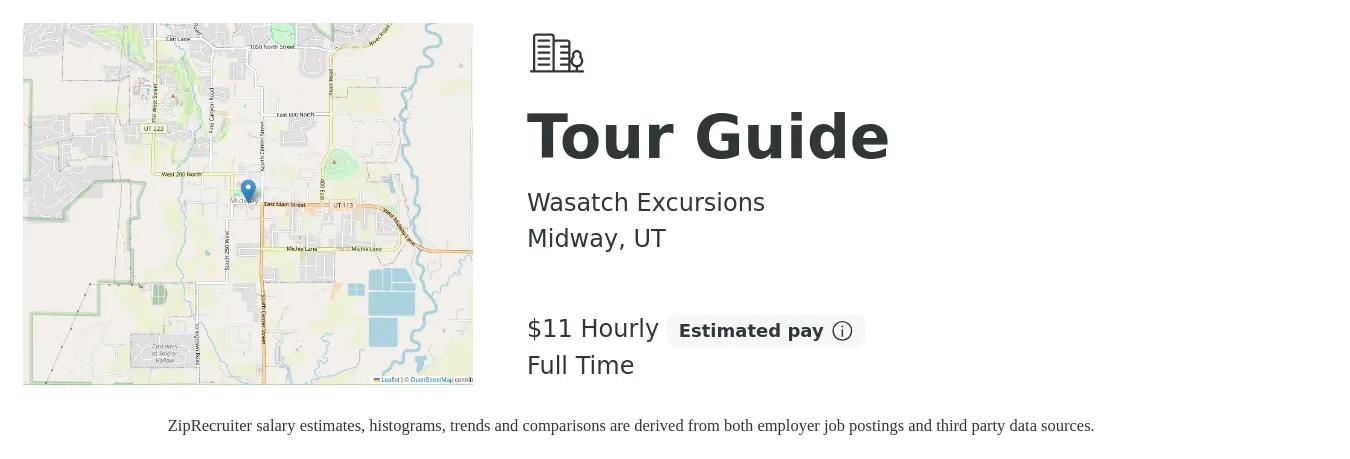 Wasatch Excursions job posting for a Tour Guide in Midway, UT with a salary of $12 to $12 Hourly with a map of Midway location.