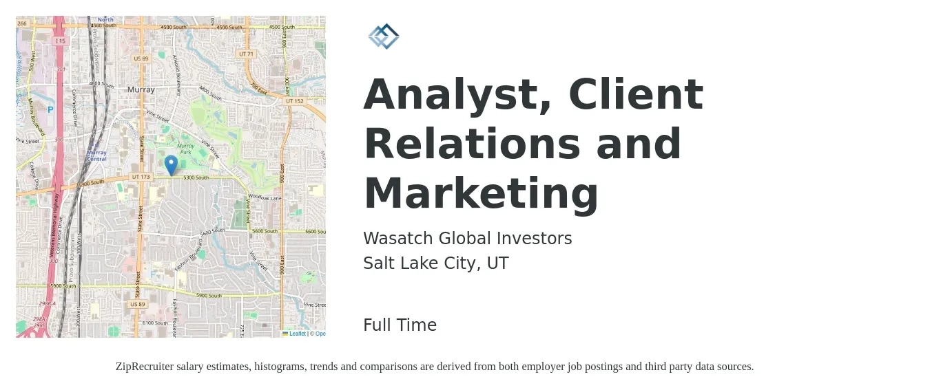 Wasatch Global Investors job posting for a Analyst, Client Relations and Marketing in Salt Lake City, UT with a salary of $20 to $29 Hourly with a map of Salt Lake City location.