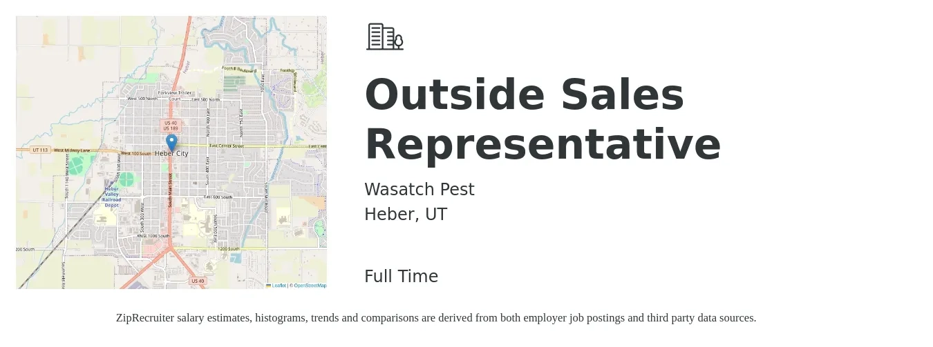 Wasatch Pest job posting for a Outside Sales Representative in Heber, UT with a salary of $52,500 to $89,900 Yearly with a map of Heber location.