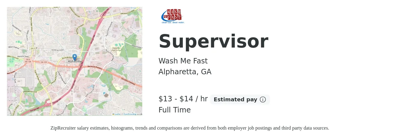 Wash Me Fast job posting for a Supervisor in Alpharetta, GA with a salary of $14 to $15 Hourly with a map of Alpharetta location.