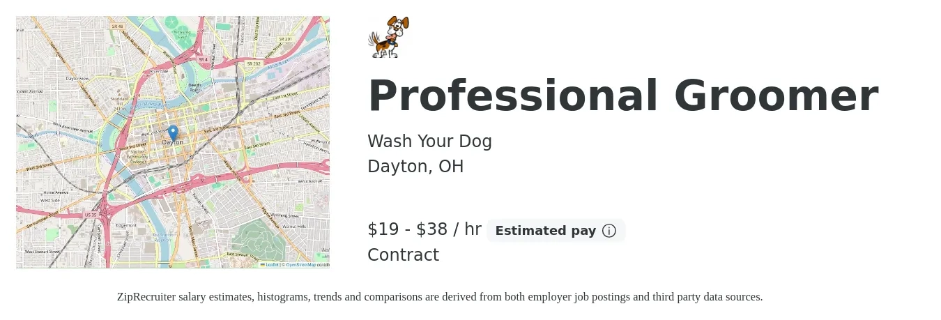 Wash Your Dog job posting for a Professional Groomer in Dayton, OH with a salary of $20 to $40 Hourly with a map of Dayton location.