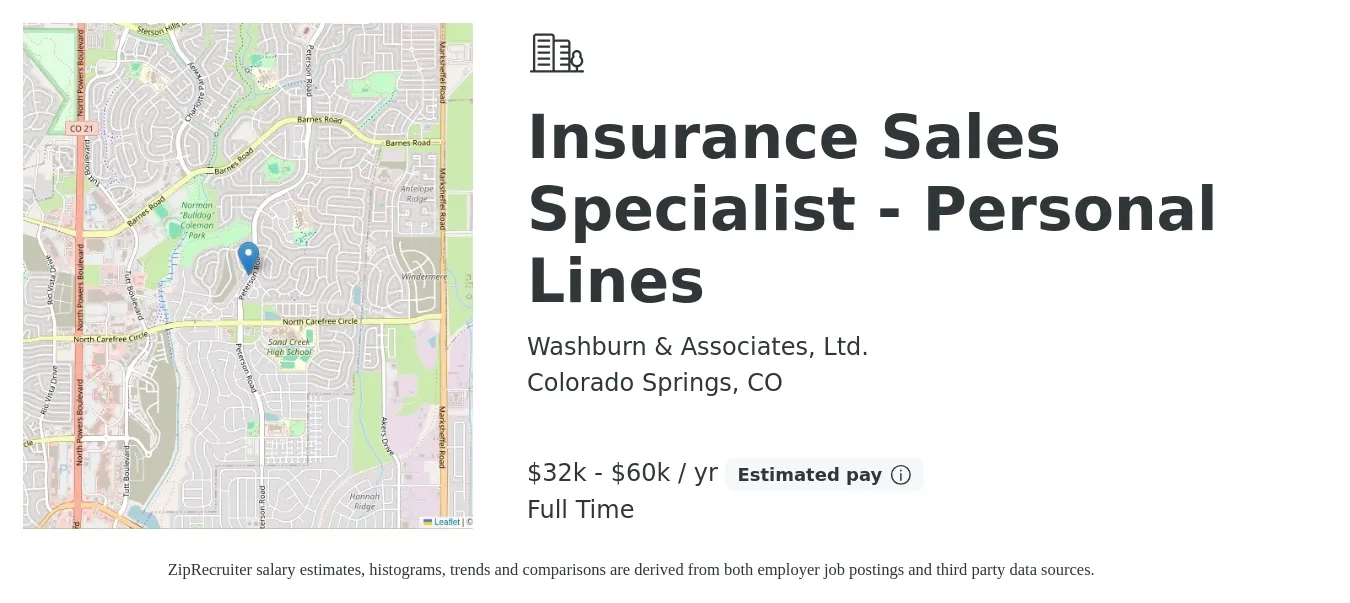 Washburn & Associates, Ltd. job posting for a Insurance Sales Specialist - Personal Lines in Colorado Springs, CO with a salary of $32,000 to $60,000 Yearly with a map of Colorado Springs location.