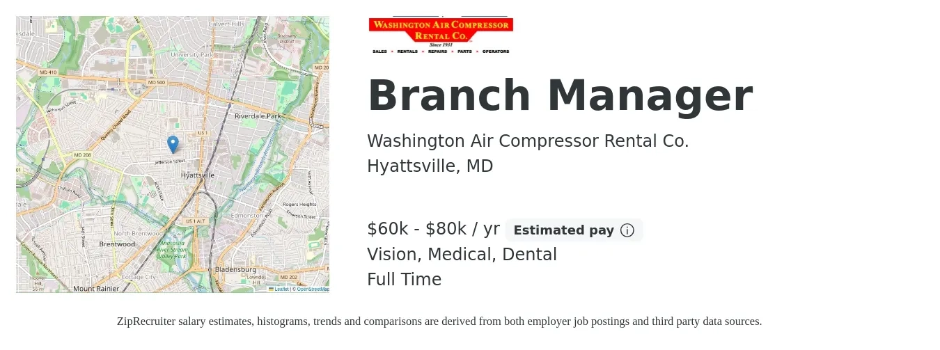Washington Air Compressor Rental Co. job posting for a Branch Manager in Hyattsville, MD with a salary of $60,000 to $80,000 Yearly and benefits including medical, retirement, vision, dental, and life_insurance with a map of Hyattsville location.