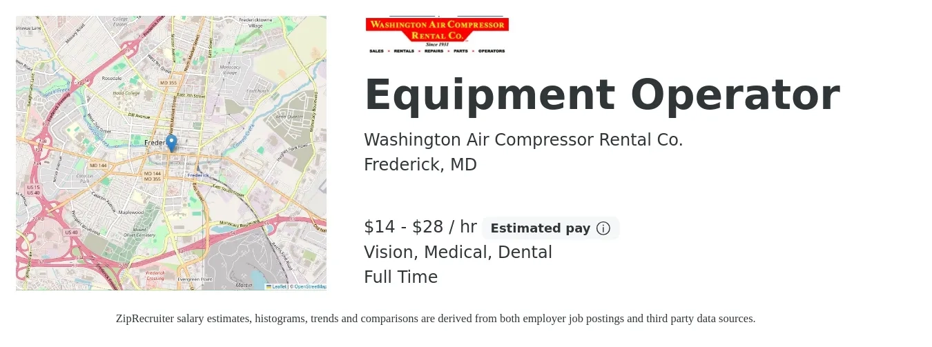 Washington Air Compressor Rental Co. job posting for a Equipment Operator in Frederick, MD with a salary of $15 to $30 Hourly and benefits including dental, life_insurance, medical, retirement, and vision with a map of Frederick location.