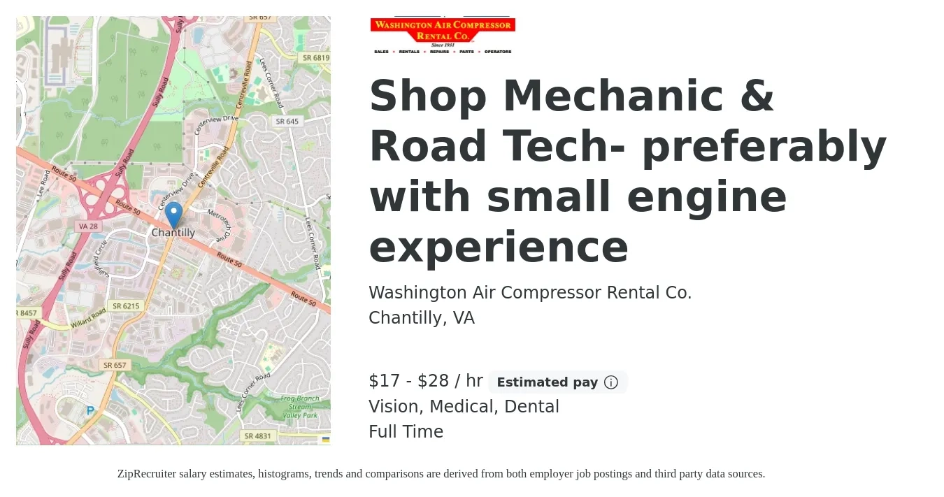 Washington Air Compressor Rental Co. job posting for a Shop Mechanic & Road Tech- preferably with small engine experience in Chantilly, VA with a salary of $18 to $30 Hourly and benefits including retirement, vision, dental, life_insurance, and medical with a map of Chantilly location.