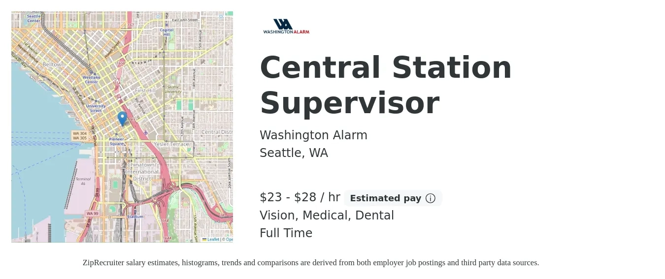 Washington Alarm job posting for a Central Station Supervisor in Seattle, WA with a salary of $24 to $30 Hourly and benefits including dental, life_insurance, medical, retirement, and vision with a map of Seattle location.