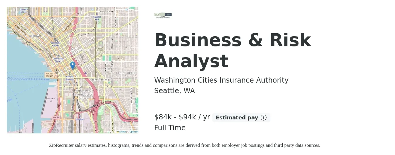 Washington Cities Insurance Authority job posting for a Business & Risk Analyst in Seattle, WA with a salary of $84,623 to $94,188 Yearly with a map of Seattle location.