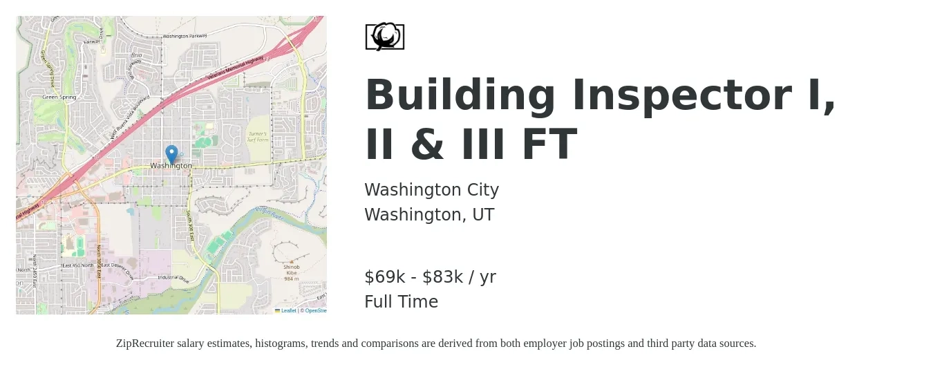 Washington City job posting for a Building Inspector I, II & III FT in Washington, UT with a salary of $62,110 to $83,800 Yearly with a map of Washington location.