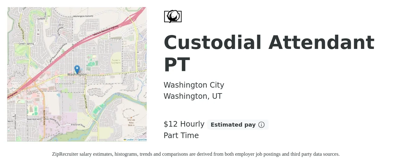 Washington City job posting for a Custodial Attendant PT in Washington, UT with a salary of $13 Hourly with a map of Washington location.