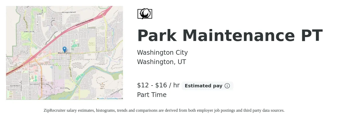 Washington City job posting for a Park Maintenance PT in Washington, UT with a salary of $13 to $17 Hourly with a map of Washington location.