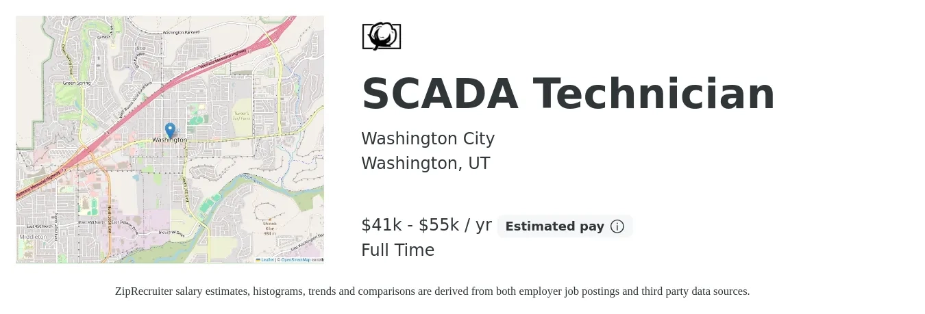 Washington City job posting for a SCADA Technician in Washington, UT with a salary of $41,701 to $55,602 Yearly with a map of Washington location.